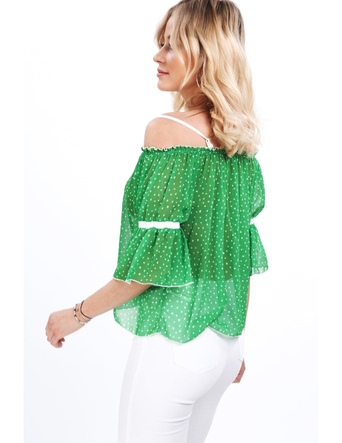 Grüne Bluse mit nackten Schultern MP28855 – Online-Shop – Boutique